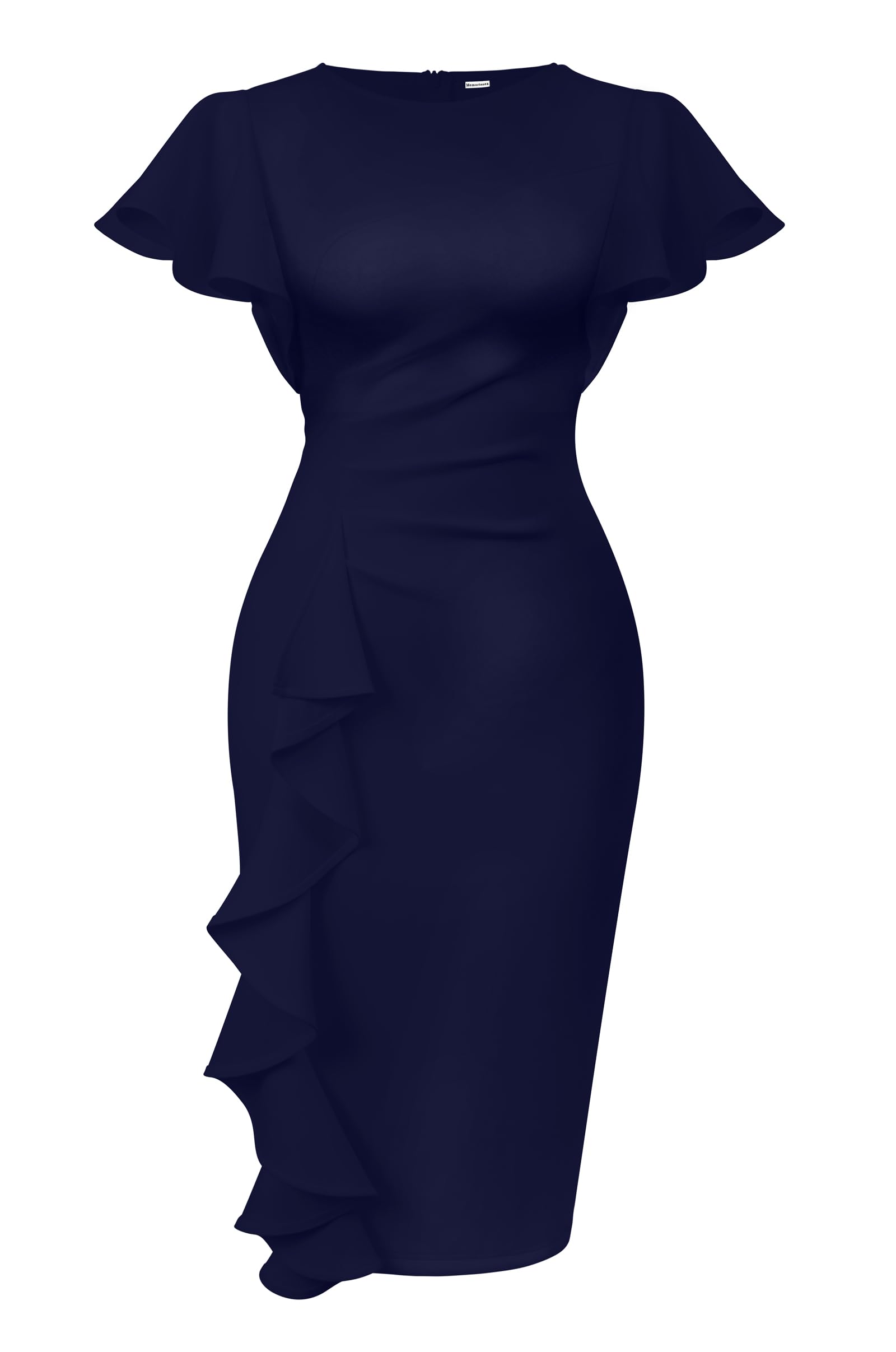 Memoriesea Women's Vintage Church Ruffle Sleeve Ruched Bodycon Work Midi Pencil Dress