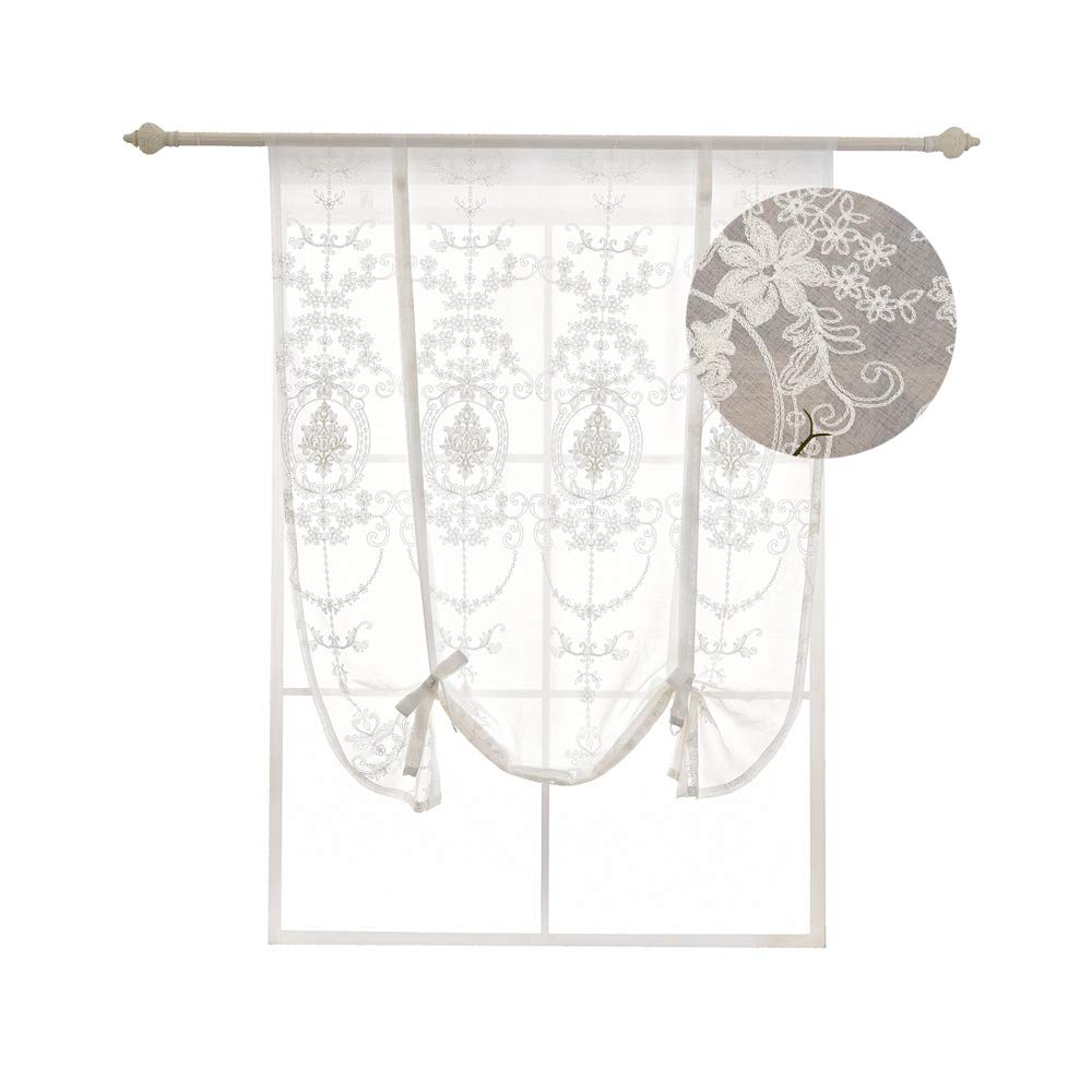 HomeyHo Sheer Tie Up Curtains for Kitchen White Ribbon Tieup Window Curtain Floral Embroidered Balloon Curtain for Bathroom Bedroom Living Room Decorative Roman Curtain Tie Up 46 x 63 Inch