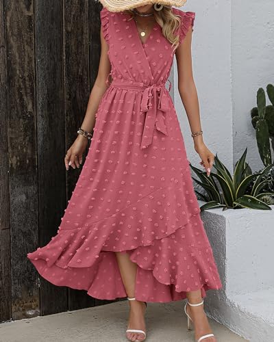 BTFBM Women V Neck Summer Dress 2025 Cap Sleeve Swiss Dot Boho Flowy Ruffle Slit Beach Party Long Maxi Cocktail Dresses - Image 5