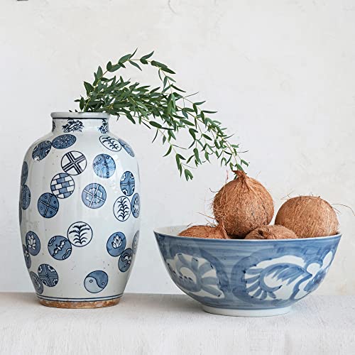Image of Creative Co-Op Hand Painted Stoneware Bowl with Floral Design, Blue and White