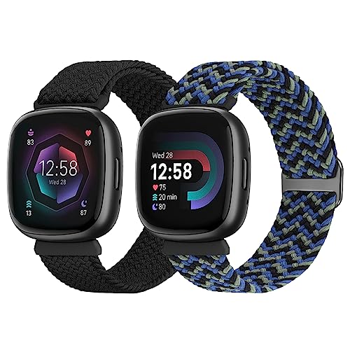 SHIJZWD Elastic Braided StrapCompatiblewithFitbit Versa 2 Pack Sport Nylon BandAdjustable Stretchy Replacement WristbandforFitbit Versa 3Versa 4Sense 2Sense Women Men Black+Camouflage Blue