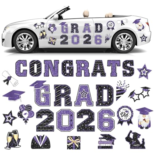 Image of Landhoow 30 Pcs Graduation Car Magnets 2026 Senior Graduation Car Decoration Bumper Sticker Congrats Grad Magnet Magnetic Refrigerator Decal for Grad Parade Party Supplies(Purple, Black)