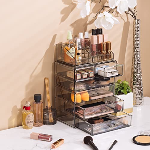 Image of Sorbus Acrylic Makeup Organizer Set, 6-Drawer Vanity & Countertop Cosmetic Storage with Small & Wide Compartments, Black-Tint Makeup Storage for Brushes, Jewelry - Holiday Gift for Women & Teens