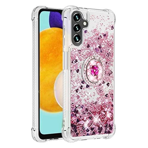 Samsung A34 5G Case with Ring Kickstand, Glitter Bling Sparkle Quicksand Flowing Liquid Clear TPU Gel Silicone ShockProof Protective Phone Case for Samsung Galaxy A34 5G Cover Girls, Rose Gold