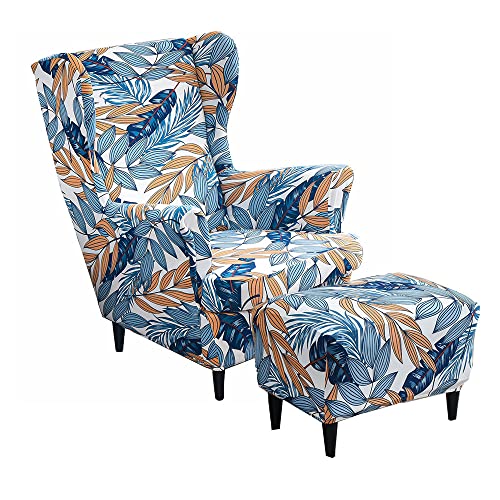 Highdi 2 Pezzi Copripoltrona con Orecchie e Copri Pouf Elasticizzato, Copridivano da 1 Posto con Fodera per Cuscino, Lavabile Rimovibile per Bar Soggiorno Camera da Letto (foglie blu)