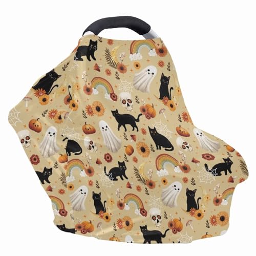 Image of Wanyint Infant Car Seat Cover for Babies, Boys Girls Carseat Canopy Baby Breastfeeding Stroller High Chair Shopping Cart Cover Halloween Decor, Black Cat Skull Ghost Pumpkin Rainbow