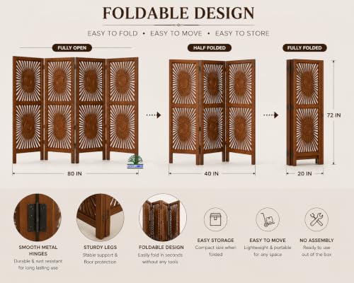 Image of Wooden Room Divider Partition for Living Room | Foldable 4 Panel Decorative Privacy Screen Separator for Home, Office & Bedroom | Modern (Sun Brown)