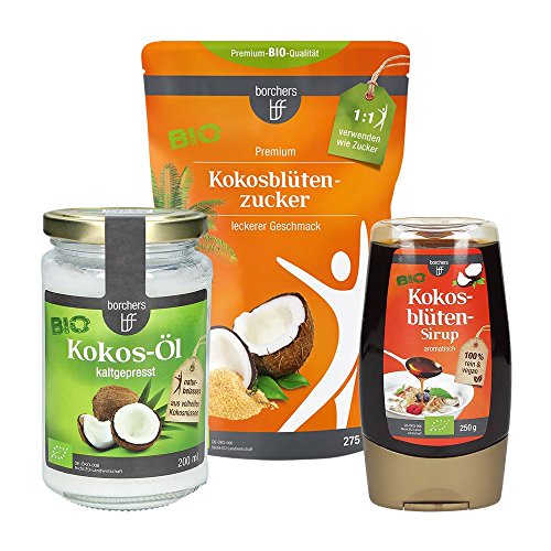 Paquet de dégustation de noix de coco organique borchers: 1x huiles de coco organique native (200 ml), 1x sucre de fleur de coco bio (275 g), 1x sirop de fleur de coco bio (250 g)