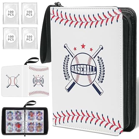 Baseball Card Binder with Sleeves, Trading Card Binder Holds 400 Cards in 4 Zippered Pockets, Comes with 50 Removable Sleeves, also Includes 400 Penny Cards Holders for Standard Size Cards Cover