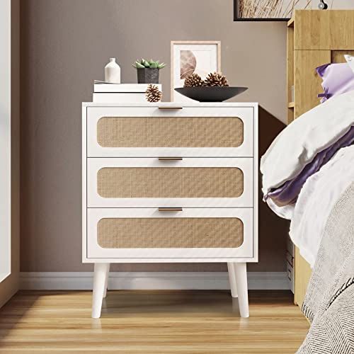 GuannCraft Commode en bois avec 3 tiroirs et rembourrage en lin - Commode moderne en tissu pour chambre à coucher, salon (blanc)