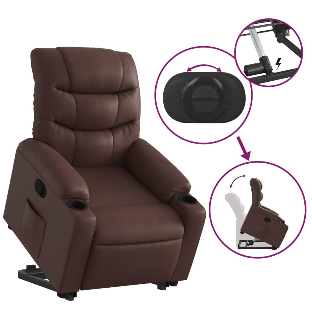 Sillón elevador reclinable marrón de piel sintética con función de elevación eléctrica y reclinación manual hasta 135 grados, cómodo y estable para personas mayores, marco