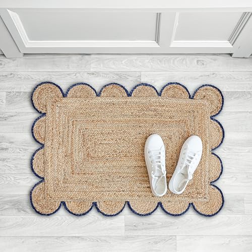 Tapete decorativo de yute natural con borde azul 2x3 miniatura 1