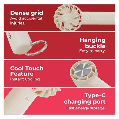Image of Lifelong Personal Hand Fan with Cool Touch & Hiking Buckle | 3 Speed Settings | Type-C Rechargeable | 4W BLDC Motor, 2000mAh Battery | Portable, Lightweight & Compact | Dense Safety Grid (Beige)