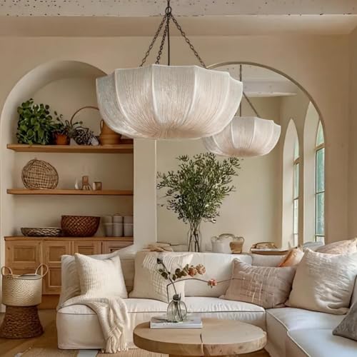 LIFENICEST Lantern Fabric Pendant Light Modern Farmhouse Drum Chandelier Faux Silk Cloth Shade 3 Light Wabi Sabi Light Fixture Pleated Hanging Lamp for Dining Room Bedroom