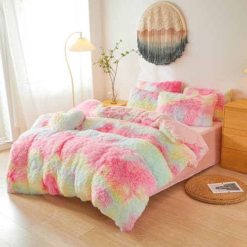 Faux Fur Fluffy Rainbow Comforter Cover Queen Set – Plush Faux Fur Rainbow Bedding 3-Piece Set (1 Duvet Cover + 2 Furry Pillow Shams) Cozy Bed Set