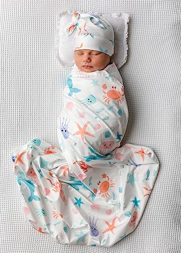 Image of Vollmic Newborn Baby Girl Receiving Blanket Swaddle Blanket Stretchy Knit Swaddle Set with Matching Headband (Pink)