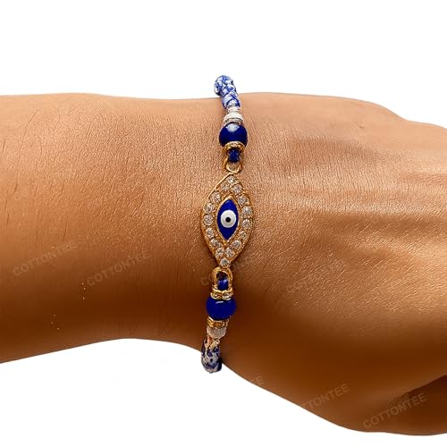 Image of King Kalai Rakhi for Brother with Coaster, Kumkum & Chawal | Traditional Beaded Thread Rakhi with Royal Kalai Thread | Raksha Bandhan Gift Hamper