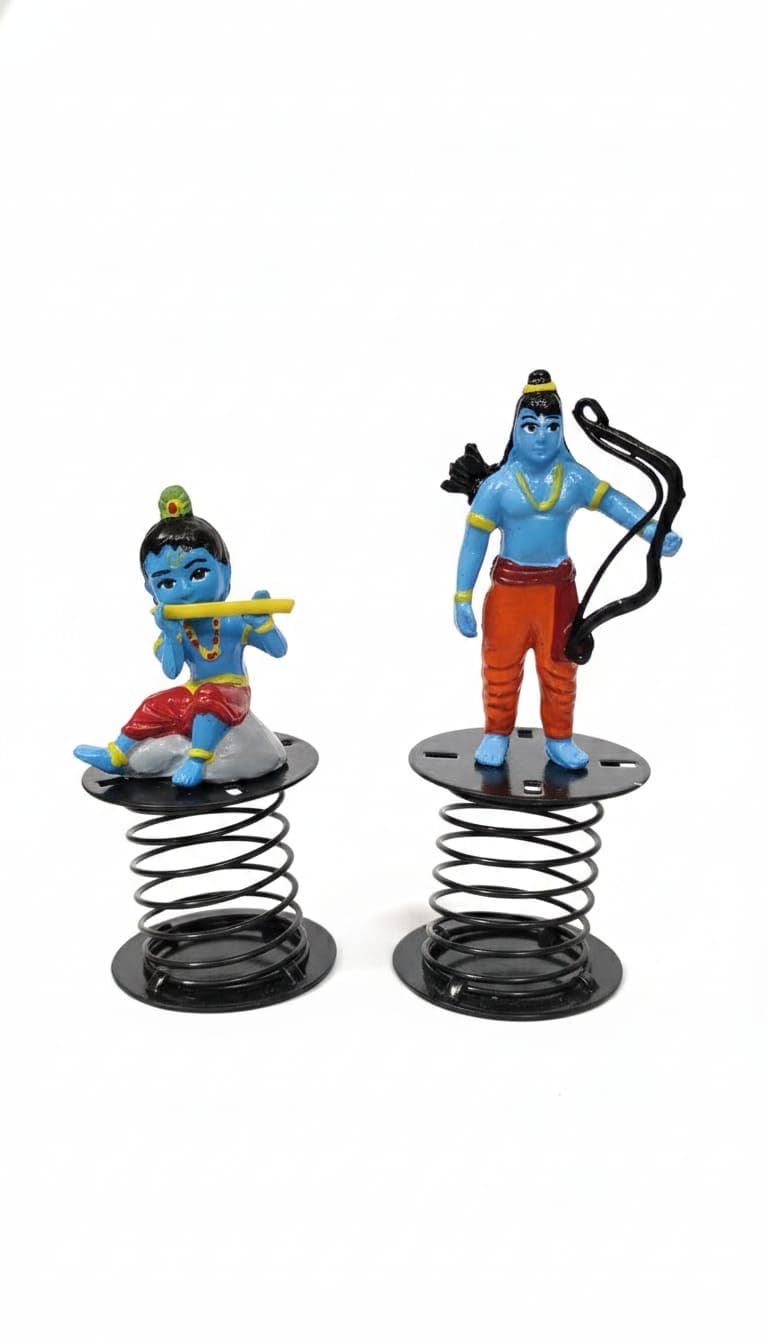 Krishna & Ram Ji Spring Bobblehead Idol Set for Car Dashboard, Hindu God Decorative Showpiece, Home Temple, Office Desk & Car Interior Accessories, Pack of 2