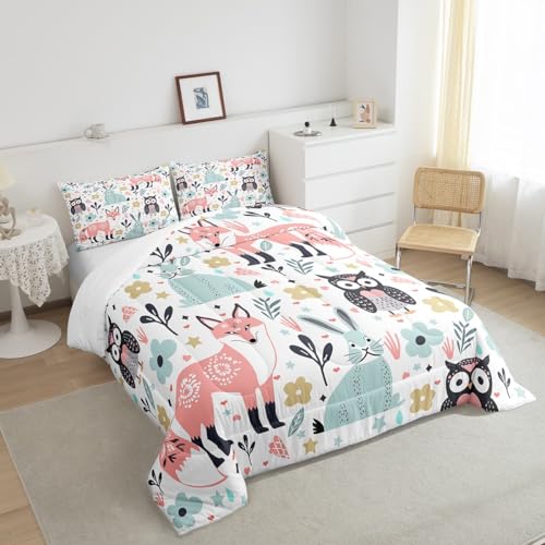 Image of Feelyou Fox Rabbit Owl Comforter Set King Size, Cartoon Fox Comforter for Kids Toddler Cute Rabbit Comforter Set Tropical Kawaii Animal Duvet Set Durable Quilt Set