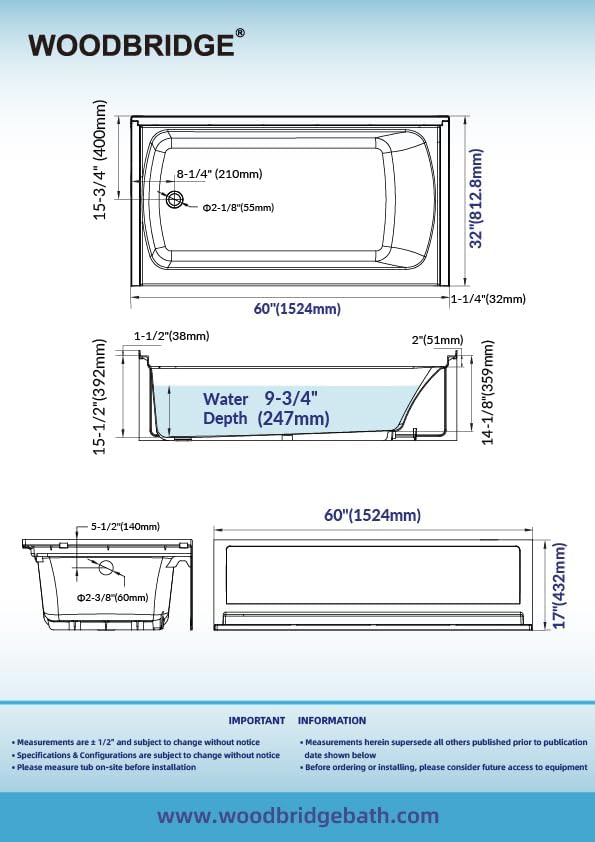 WOODBRIDGE 60” x 32” Alcove Soaking Bathtub in white with Left-Hand Drain Hole - Image 6