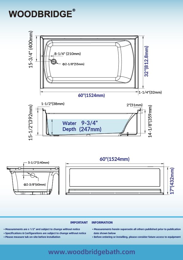 Image of WOODBRIDGE 60 inch x 32 inch Alcove Soaking Bathtub in white with Left-Hand Drain Hole - Tub Only (No Wall Panels)