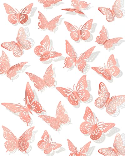 Image of 72Pcs 3D Butterfly Wall Decor, Pink Butterfly Decorations, 4 Styles 3 Sizes Removable Butterflies Pink Wall Stickers Room Decor for Birthday Party Kids Bedroom Cake Nursery Room Decor