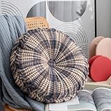 S_SSOY Round Throw Pillow Round Checkered Pleated Filled Pillow Vintage Floor Pillow with Center Button Throw Pillow Cushion for Couch Chair Bed Car Floor