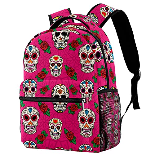 Sac à dos de voyage pour campus motif tête de mort et fleurs rose