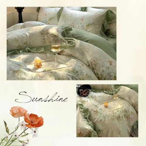 Image of VM VOUGEMARKET Romantic Ruffle Floral Duvet Cover Set Twin Sage Green
