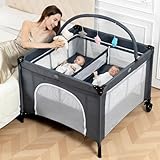 Jestonten Twin Bassinet - 3 in 1 Twin Bassinets for 2 Babies with Hanging Toys & Storage Basket, Portable Pack and Play Foldable Bedside Sleeper with Carry Bag, Grey