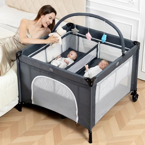 Jestonten Twin Bassinet - 3 in 1 Twin Bassinets for 2 Babies with Hanging Toys & Storage Basket Portable Pack and Play Foldable Bedside Sleeper with Carry Bag Grey