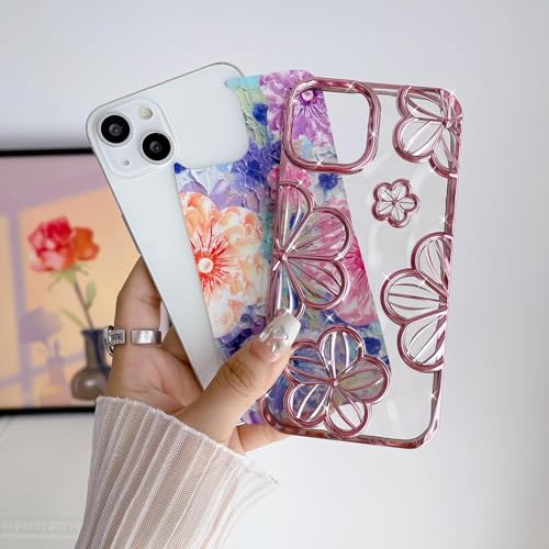 Image of mobistyle Designed for iPhone 15 Plus Cover | Electroplating Colourful Flower 3D TPU Camera Protection Back Cover Case for Women Girls (Flower Pink)