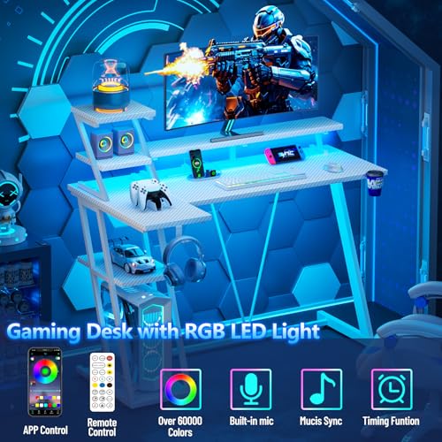 Image of Korfile 40 Inch White Gaming Desk with LED Lights & Power Outlet, Small Gaming Computer Desk with Storage Shelves, L Shaped Gamer Workstations with Monitor Stand for Bedroom