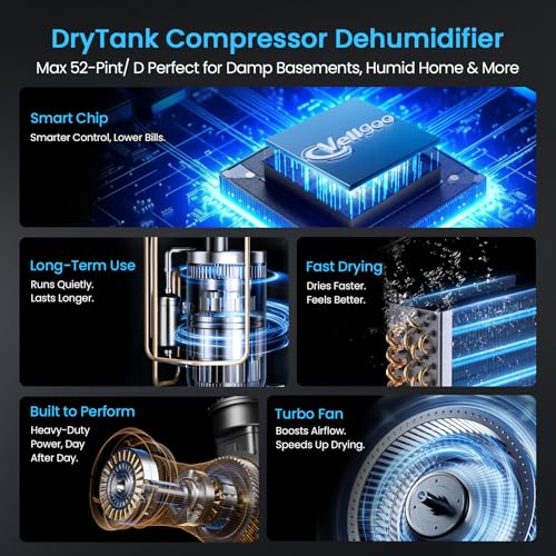 4,500 Sq.Ft Most Efficient Energy Star 2024 Dehumidifier,Vellgoo 52 Pint/Day Dehumidifier for Basement with Drain Hose, Smart Humidity Control, for Home, Bedroom, Bathroom, Garage