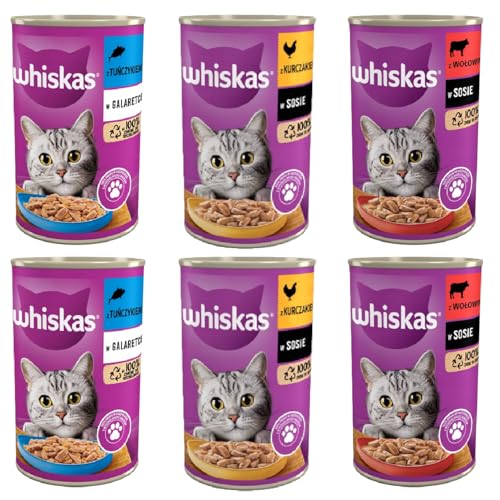 Whiskas Nourriture humide pour chat adulte 1+ avec viande de bœuf en sauce, 6 boîtes (6 x 400 g)