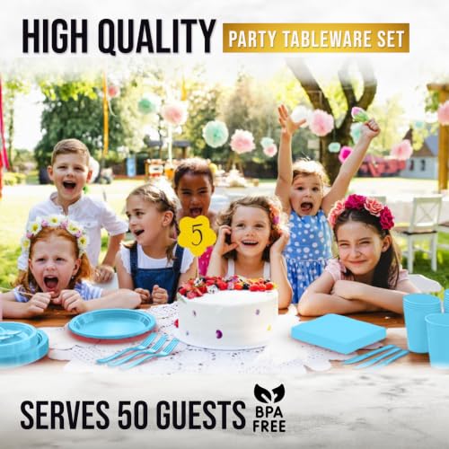 Image of Exquisite 350 Pcs Light Blue Plates and Napkins Party Supplies Plate Sets | Sturdy Plastic Dinnerware Set With 9 inch & 7 inch Plates, 12 Oz Cups, Lunch Napkins and Cutlery Serves 50 for Birthdays & Everyday