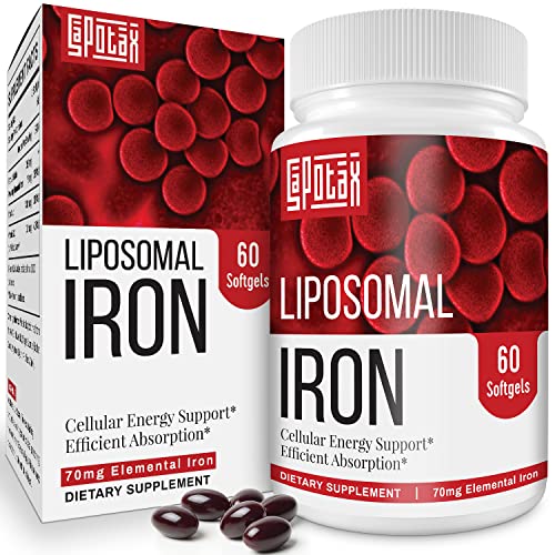 Iron Supplement 70mg,Liposomal Iron with Folic Acid & Vitamin B12 for Women and Men,Red Blood Cell Production & Energy Support for Adults Iron Deficiency | 60 Softgels