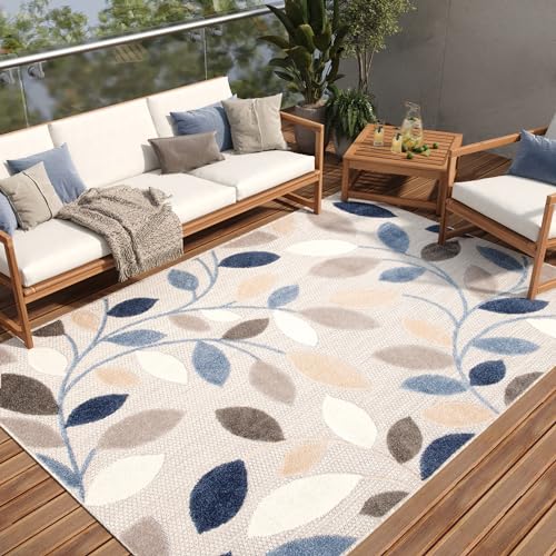 TAPISO Patio Teppich Indoor Outdoor Grau Mehrfarbig Blätter Sisaloptik Strapazierfähig Wetterfest Flachgewebe Terrasse Wohnzimmer ÖKO-TEX 200 x 300 cm