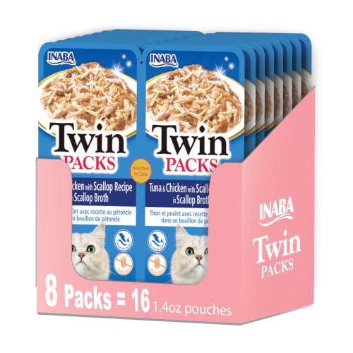 INABA Twin Packs for Cats, Side Dish/Topper Pouch, 1.4 Ounces per Serving, 16 Servings, Tuna & Chicken with Scallop Recipe in Scallop Broth - image 1