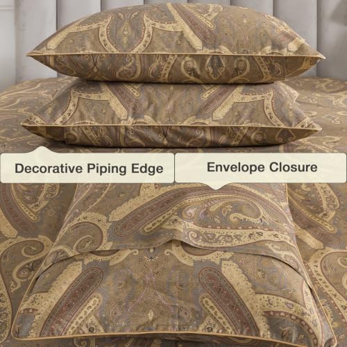 Image of Paisley Floral Percale Sheets Full Size Deep Pocket, Brown-Green | 100% Cotton Flower Print Boho Sheet Set, Beige Patterned Shabby Chic Bed Sheets, Luxury Designer Bedding, Soft Crisp, 4Pcs