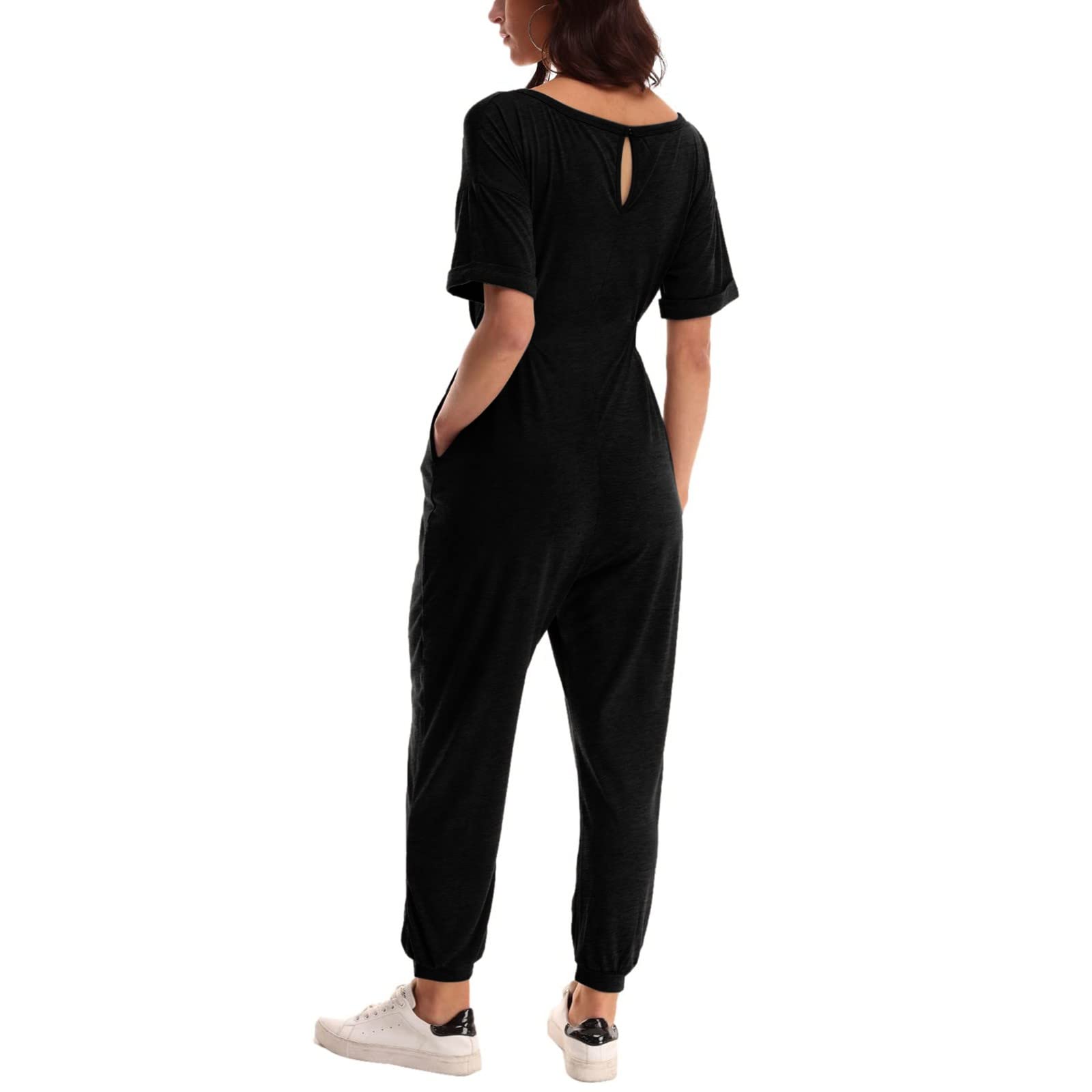 Tuta da donna con scollo a V tinta unita con scollo a V e maniche larghe e maniche a campana, tuta in raso per le donne, Blu scuro, S