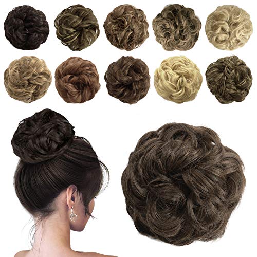 Sofeiyan Messy Bun Hair Piece Synthetic Curly Updo Hair Scrunchies Chignon Hairpiece Extensions for Women Girls, Darkest Brown & Light Auburn Mixed