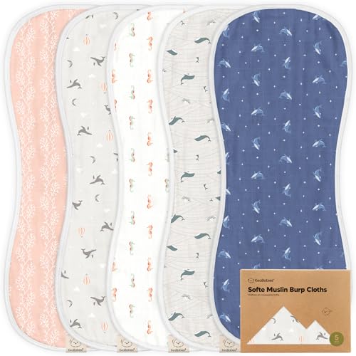 Image of 5-Pack Muslin Burp Cloths Baby Boy, Girl - Very Absorbent Baby Burp Cloth Rags, 8-Layers Viscose Derived from Bamboo Cotton Muslin Towel, Super Soft Spit Up Rags, No Shrink Washcloths (Marine Muse)