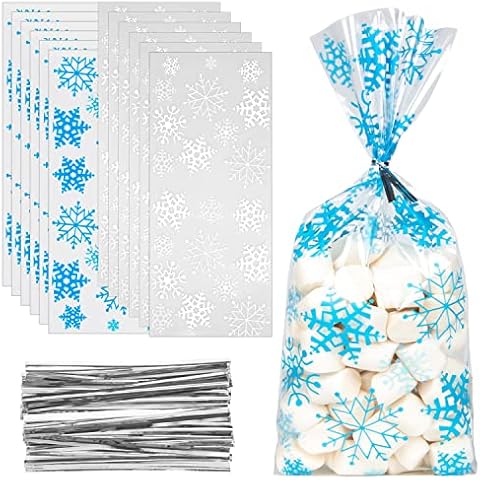 Labeol 200pcs Cellophane Bags 5X11 Christmas Treat Bags with Ties Goodie Bags Clear Gift Bags for Candy Cookie Party Favor Winter Wonderland Birthday Blue White Snowflake Cover