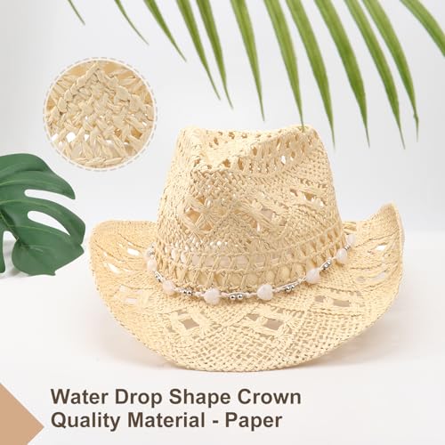 Image of DRESHOW Straw Cowboy Cowgirl Hat for Women Men Western Coastal Cowboy Beach Hat with Shapeable Brim Unisex Rolled up Caps