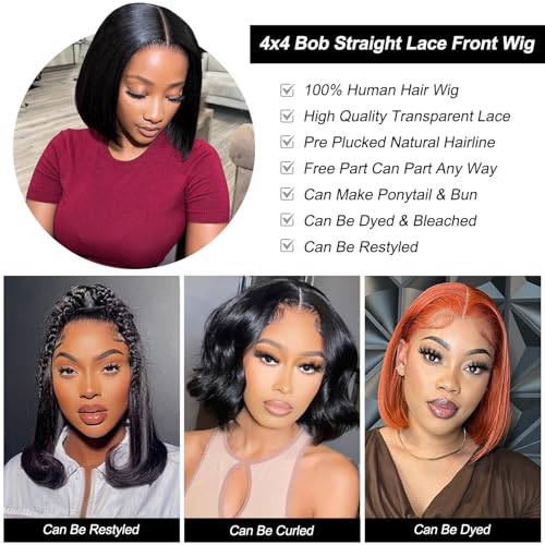 4X4 Bob Human Hair Wig 100% Echthaar Perücke Straight Lace Front Wigs Glueless Wig Human Hair Perücke Damen Echthaar for Black Women 150% Density (4x4 bob, 10Zoll (26cm)) – Bild 5