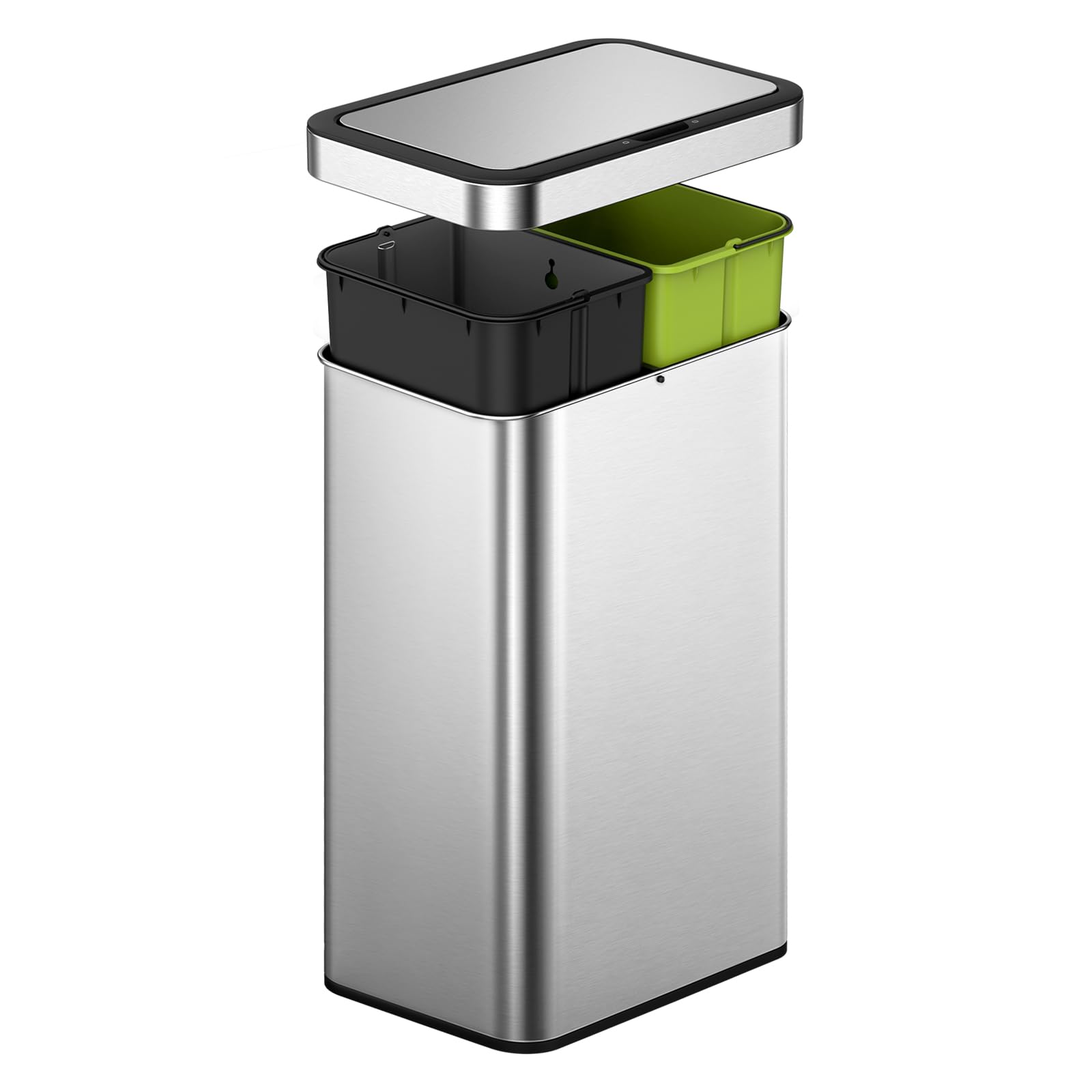 EKO Econova Mirage Cubo Basura Reciclaje para Cocina 30 L + 30 L con Sensor | Sensor de Movimiento, Acero Inoxidable Cepillado, 2 Compartimientos, Cierre Silencioso, Para Cocina