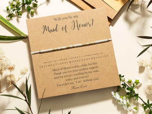 RareLove Maid of Honor Morse Code Beaded Bracelet, White Gold, 6.69in, Female, Wedding, Bridal Shower, Bachelorette2