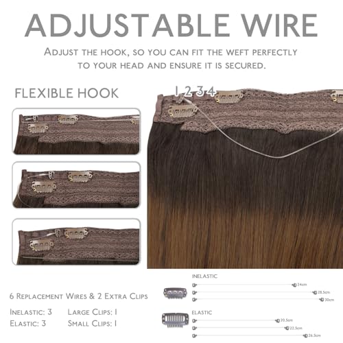 Image of WENNALIFE Wire Hair Extensions Real Human Hair 12 inch 100g Dark Brown to Chestnut Brown and Dirty Blonde Highlighted Real Hair Extensions Invisible Wire