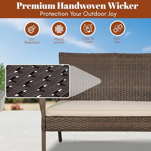 Image of DEVOKO Marbella Outdoor Wicker Patio Furniture 4-Piece Waterproof Sofa with Washable Cushion and Center Table for Outdoor Garden Balcony Backyard (Dark Brown & Cream)